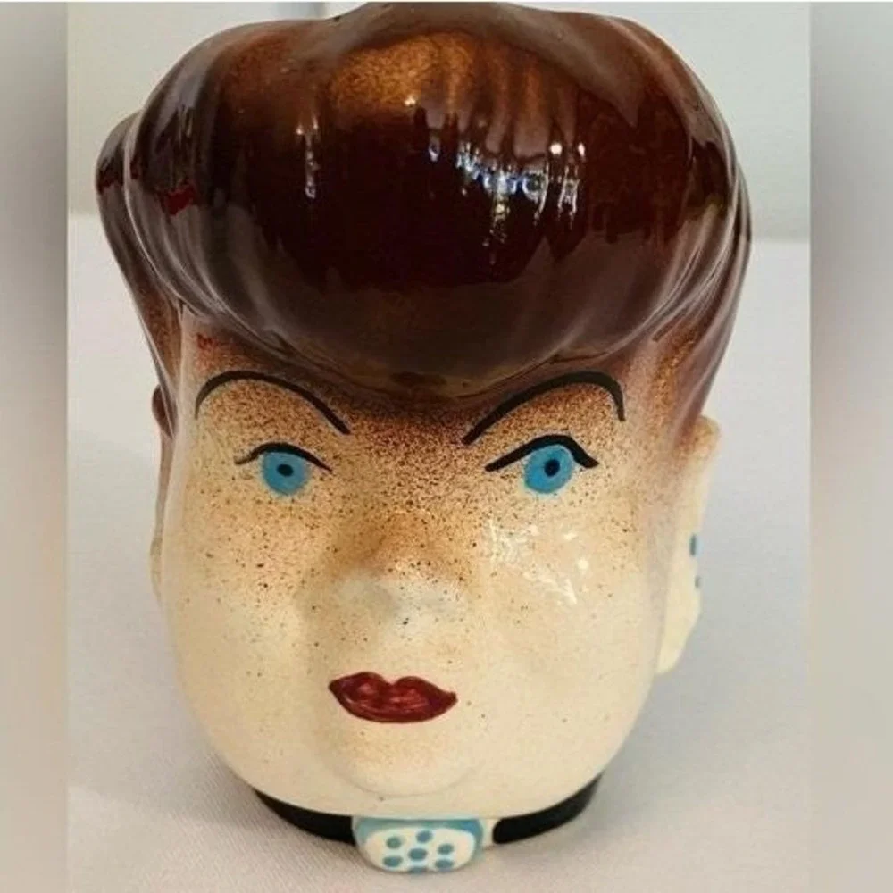 Vintage Ceramic Head Vase Mid Century Lady Brown Bouffant Hair 4.375in MCM 50s